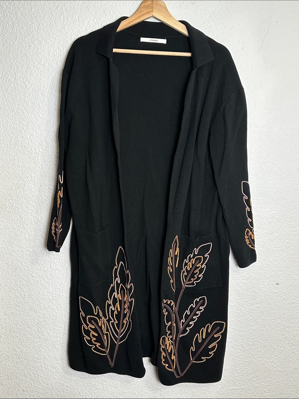 Uterque Cotton Leaf Embroidered Black‎ Cardigan Open Front Long Sleeve Small